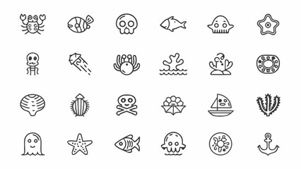 Illustration showcasing various sea creatures and related items in a simple outlined style on a white background silhouette