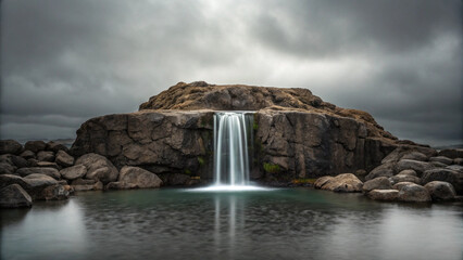 Obraz premium A serene waterfall cascading into a tranquil pool under a dramatic cloudy sky