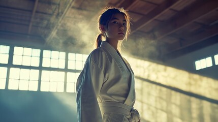 A young student wearing a white gi practicing in a dojo