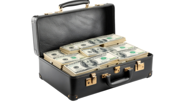 Briefcase filled with dollars cash money wealth concept isolated on white background