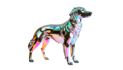 Futuristic holographic dog sculpture digital art isolated on white background