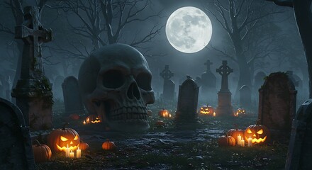 A large stone skull statue placed in the center of an graveyard, surrounded by tombstones, small pumpkins, and candles scattered around