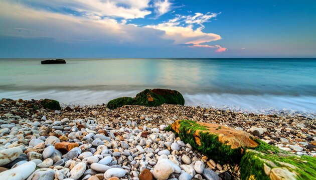 Pebbly beach meets tranquil ocean at sunset.