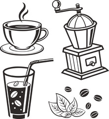 Vector silhouette illustration of a hot coffee mug collection set with steam, saucer, and a spoon