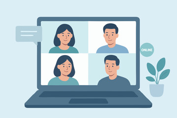 Vector illustration of group of people in an online video call.