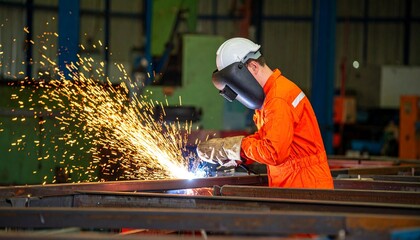 A skilled worker expertly performs metal fabrication in a bustling industrial environment, with intense sparks flying dramatically, emphasizing the critical role of robust safety gear.