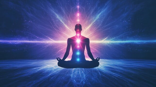 Meditation concept with flowing energy lines and chakras