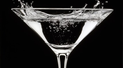 Elegant martini glass filled with sparkling water and splash on black background