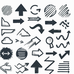 vector illustration of Chalk scribble doodle arrow, line elements icon set. Underline, handwritten highlight marker shape. Rough hand drawn sketch with brush grunge texture