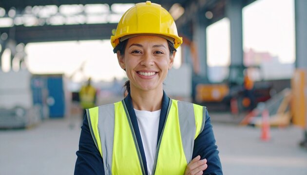 A confident, smiling female professional in a hard hat and safety vest, ready for work at a dynamic industrial site. - Powered by Adobe