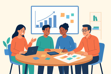 Flat vector illustration of office teamwork discussing project with charts and data.