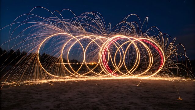 Dynamic light painting art circles against dark night sky showcasing vibrant glowing trails for creative designs