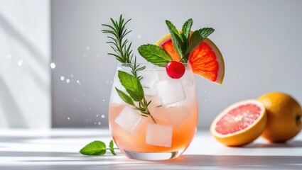 A refreshing grapefruit cocktail with ice cubes, mint, and fruit garnishes, served on a white surface with fresh grapefruit and lemon in the background.