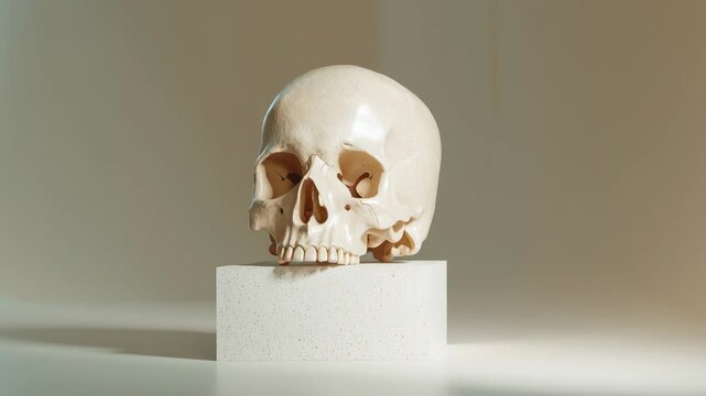 Human skull white pedestal with soft lighting and beige background creating calm mood and minimal light sand pedestal with soft