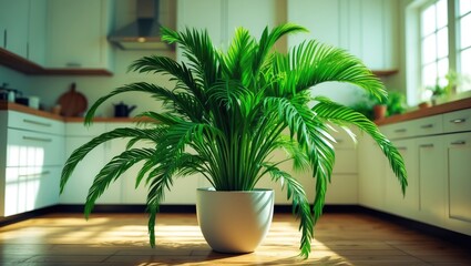 Fototapeta premium A large green plant in a white pot placed in a bright kitchen with white cabinets and wooden flooring.