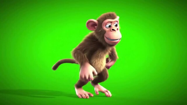 Playful cartoon monkey character dancing joyfully against a vibrant green backdrop