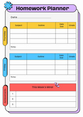 Colorful weekly homework planner organizer with sections for assignments and tasks