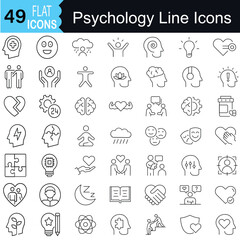 Psychology and Mental Health thin line Icons for Mindfulness, Emotions, Brain, and Therapy. Editable stroke, simple Vector illustration