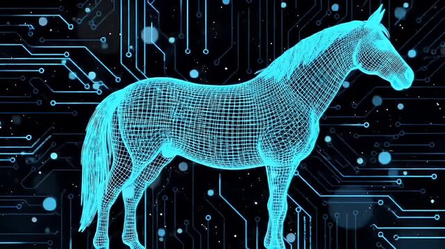 Electric Blue Horse Illustration on a Black Circuit Board Background with Glowing Particles in a Cyberpunk Tech Design