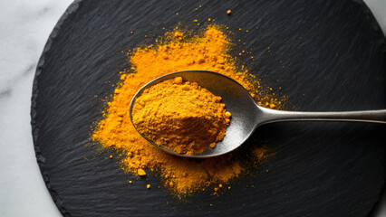Overhead view of turmeric powder on a spoon over a black slate surface