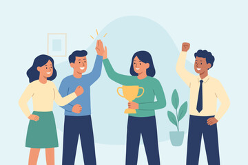 Flat vector illustration of business team celebrating success with trophy award.