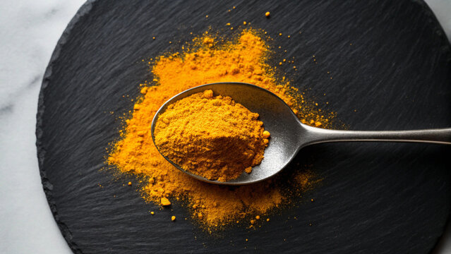 Overhead view of turmeric powder on a spoon over a black slate surface