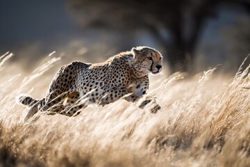A cheetah running at full speed in the savannah