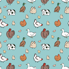 Seamless vector pattern of farm animals including chickens ducks dairy cows chicks and ducklings simple flat style suitable for textile wallpaper packaging children book © Dwi