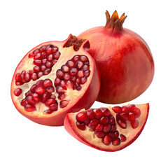 Pomegranate cut in half with seeds and a whole one, isolated on white isolated on transparent background