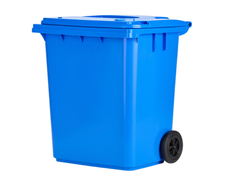 Blue Plastic Trash Bin Icon with Swing Lid, isolated on a transparent background