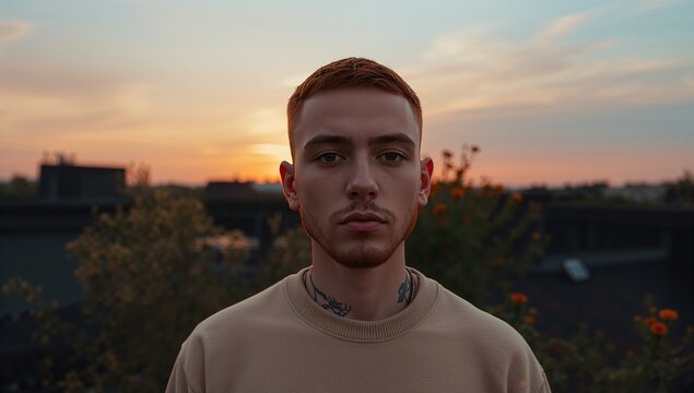 A half-body portrait of a young man with red hair and tattoos, standing on a rooftop at sunset
