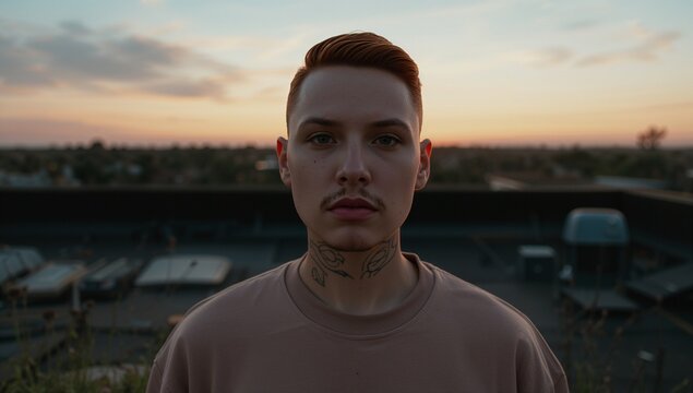 Outdoor portrait of a young person with red hair and a serious expression, shot at sunset with a soft, warm light