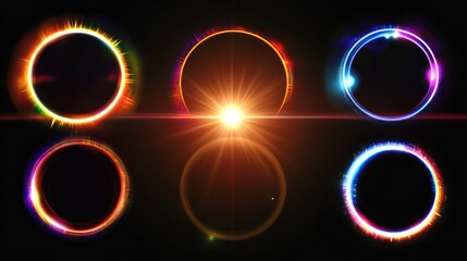 Colorful glowing circular frames with lens flare effects.