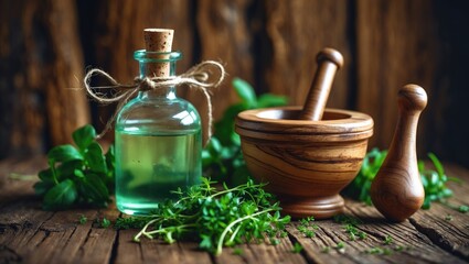 Aromatherapy and herbal medicine with a glass bottle, mortar and pestle, and fresh herbs. Alternative health, wellbeing, and natural healing. The concept of herbal remedies and natural therapies