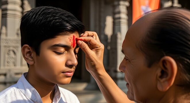 An elderly man applies a red tilak mark to a young boy's forehead during a traditional Hindu religious ceremony at a temple.