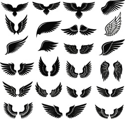 Create a kinds of Black wings silhouette vector set, the wings set is ideal for logo, emblem, badge design. Versatile for art, heraldry, animal symbolism. Ranging from simple to intricate feather,