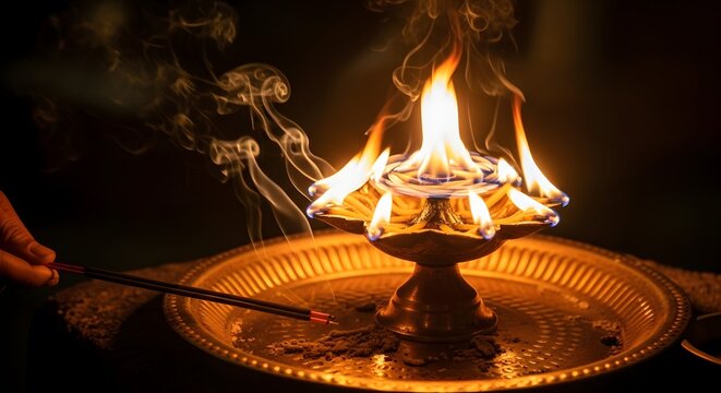 A hand lighting a traditional ornate brass oil lamp with multiple flames during a Hindu religious ceremony.