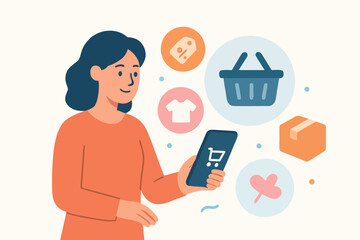 Flat vector illustration of woman shopping online with smartphone and e-commerce icons.