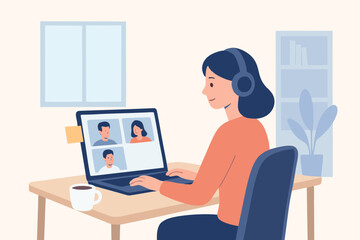 Flat vector illustration of woman with headset attending video call and online meeting.