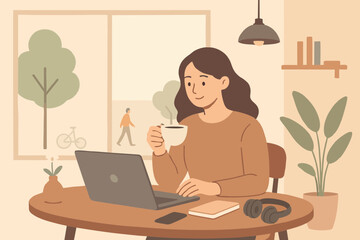Vector illustration of woman working remotely at home and taking coffee break.
