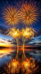 Stunning golden fireworks illuminate the twilight sky, reflecting beautifully on the calm water below