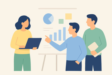 Vector illustration of coworkers analyzing data charts and graphs in business meeting.