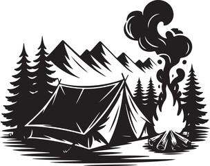 Tent camping adventure, mountains, forest, campfire scene