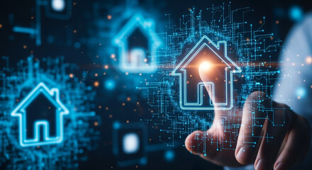 Photorealistic close-up of a hand interacting with a glowing blue digital smart home interface, featuring a house icon and a network of futuristic lines and dots against a dark blurred background.