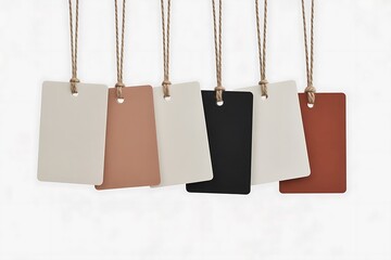 Elegant neutral tone tag mockups with delicate string hangers for branding and product promotion projects with a modern feel