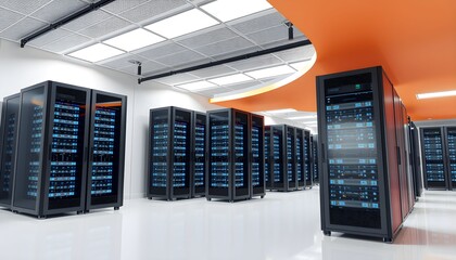 Modern server room interior, showcasing rows of computer servers and technological infrastructure.