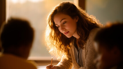 Young woman with curly hair, engaged in teaching children, surrounded by warm sunlight, creating an inspiring learning environment focused on education and mentorship