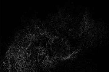 Distressed white grainy texture. Dust overlay textured. Grain noise particles. Snow effects pack. Rusted black background. Vector illustration, EPS 10. 