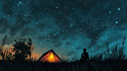 A camper setting up a tent under the stars