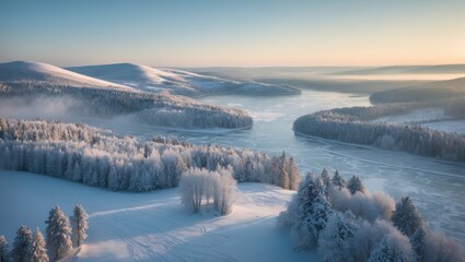 Snow-covered landscape with mountains, forest, and a frozen river under a clear sky during winter.